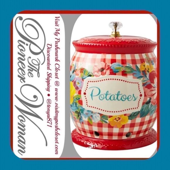 🦋 New Pioneer Woman Sweet Romance Red Gingham Ceramic Potatoes Keeper with Lid - Picture 1 of 9